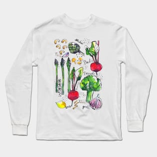 Eat your veggies! Food illustration sketches handdrawn and painted. Asparagus, lemon, beetroot, broccoli, artichoke, mushrooms, garlic Long Sleeve T-Shirt